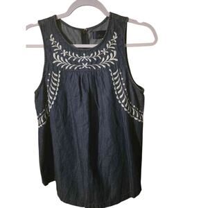Blue Rain Women's Blue Denim Embroidered Boho Tank Top Sleeveless Blouse S